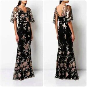 Marchesa Notte Cape Sleeve Floral Embroidered Mermaid Gown